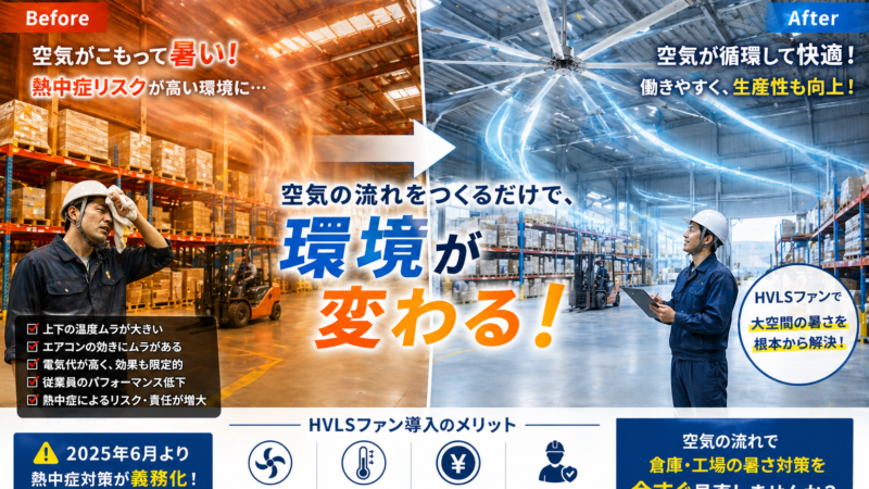 HVLSファンとは？倉庫・工場の暑さ対策に効果的な大型低速ファンを解説 